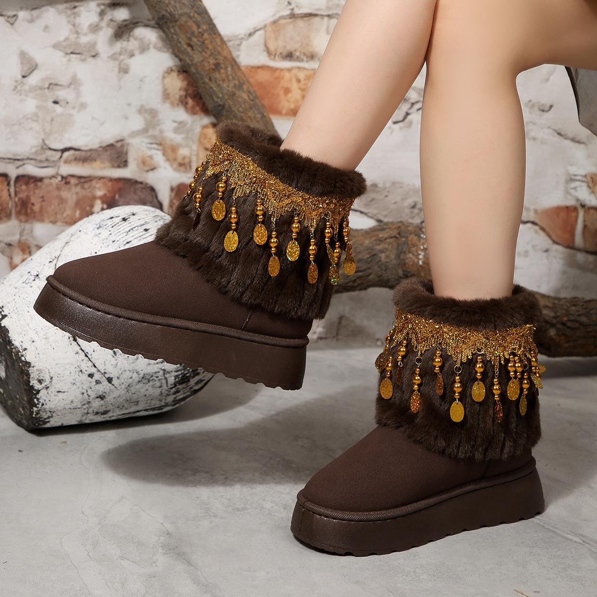 

Foreign trade comfortable thick-soled short cotton shoes women s autumn and winter new tassel beaded velvet warm snow boots 43 коричневий