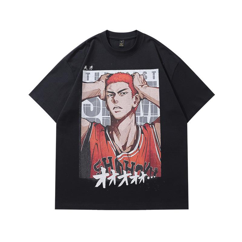 Japanese Cartoon Printed Hiphop Heavy Washed Old Short-Sleeved T-Shirt Men'S And Women'S Hip-Hop Retro Half-Sleeved Tee