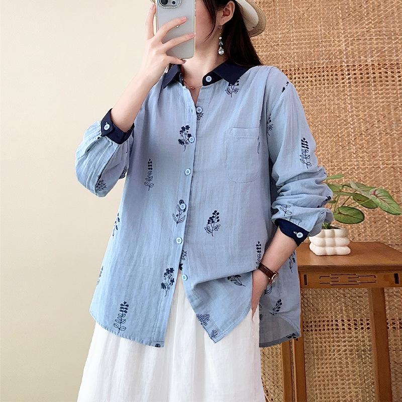 New Japanese simple casual style double-layer cotton yarn pure cotton shirt women's loose and thin retro printed long-sleeved shirt