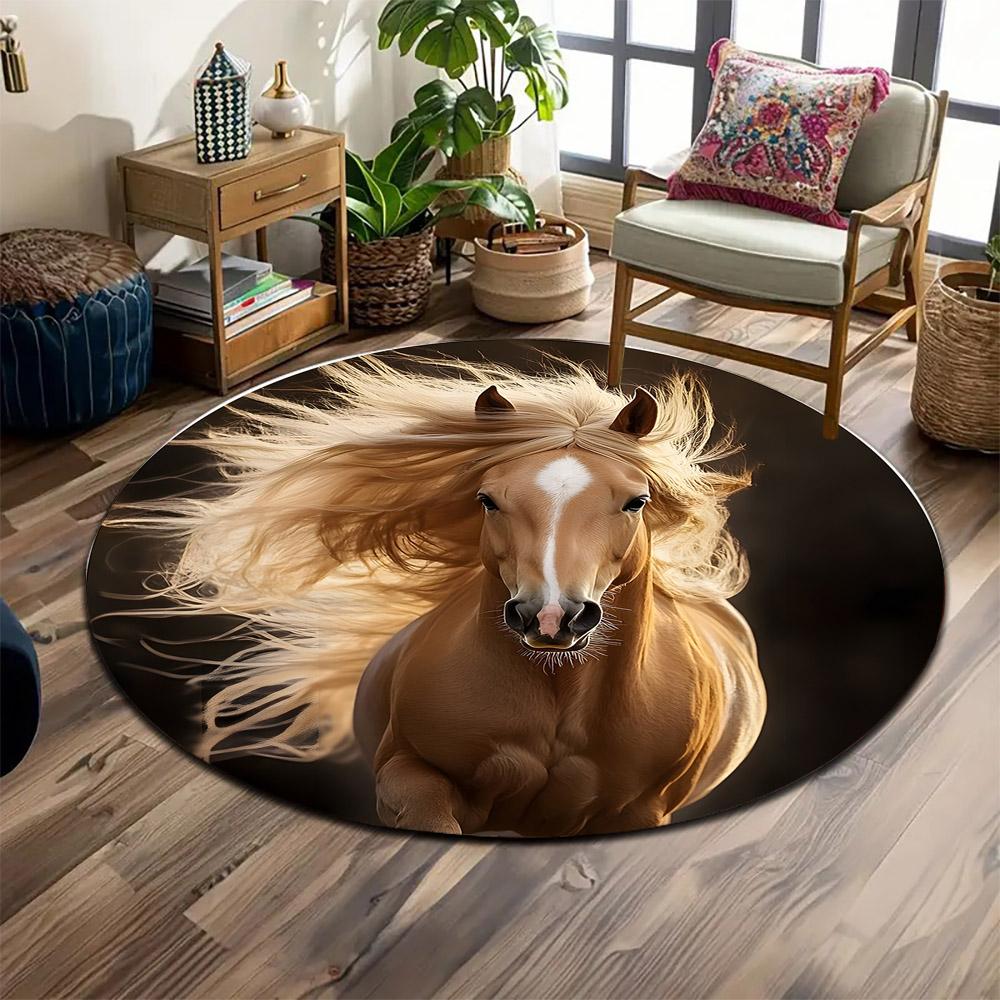 Golden Horse with Flowing Mane Print Round Rug, Living Room, Bedroom, Playroom Carpet, Non Slip Floor Mat, Gift