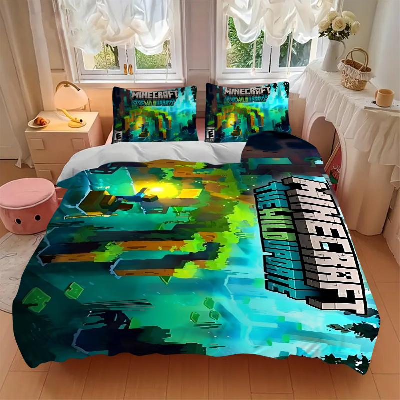 Minecraft Underground Adventure Printed 3pcs Bedding Set Soft Microfiber 1 Duvet Cover And 2 Pillowcases Home Bedroom Decor Xmas Gift K1145