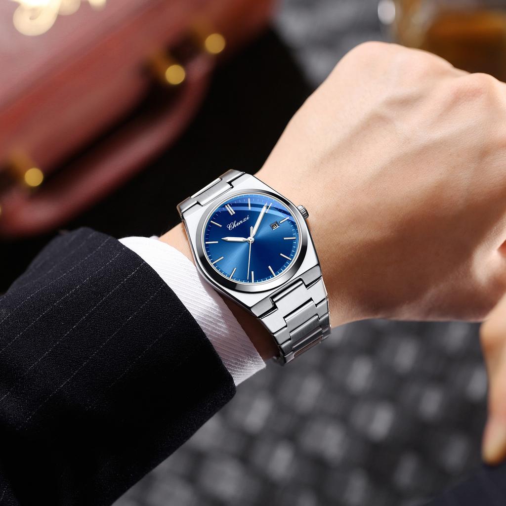 CHENXI 683 Man Quartz Watch Green Blue Leisure Simple Casual Analog Display Silvery Stainless Steel Strap Wrist Watch for Male