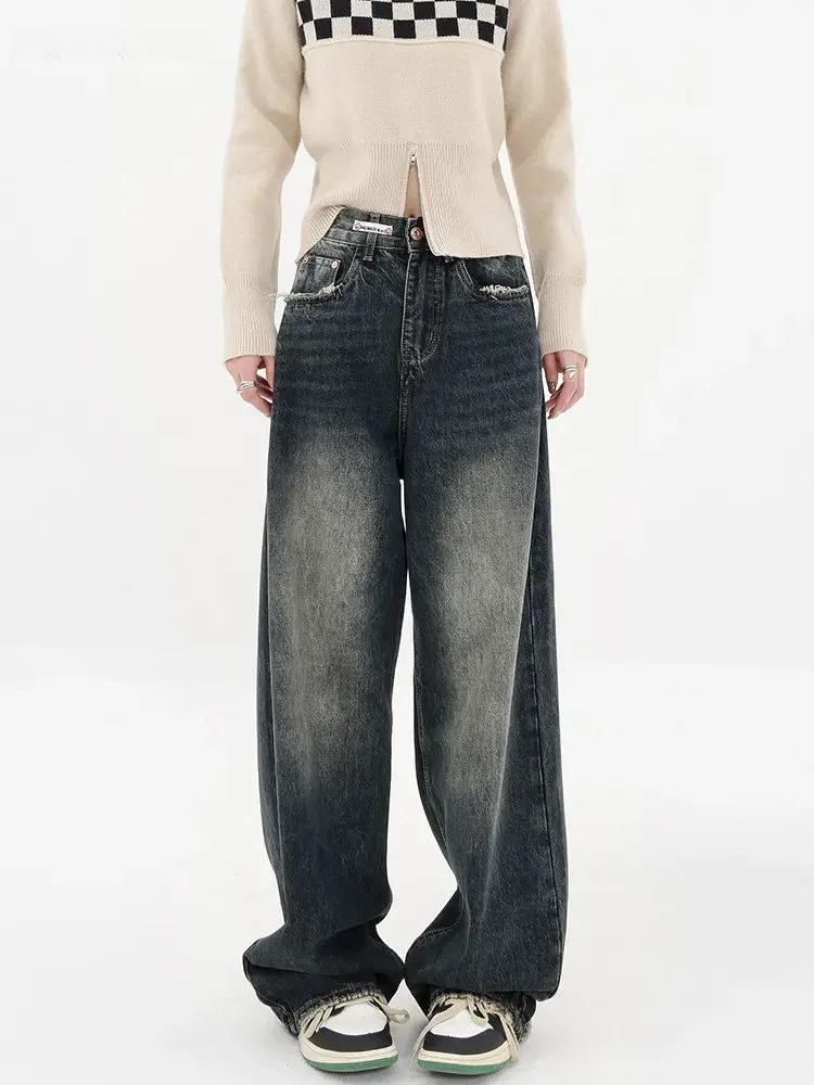 Harajuku Streetwear Retro Fashion Autumn Women High Waist Jeans Loose Wide Leg Straight Loose Denim Trousers Y2K Baggy Pants