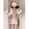 Pink Halter Neck Off-Shoulder Long Sleeve Dress with Lace - Flirty Early Autumn Style