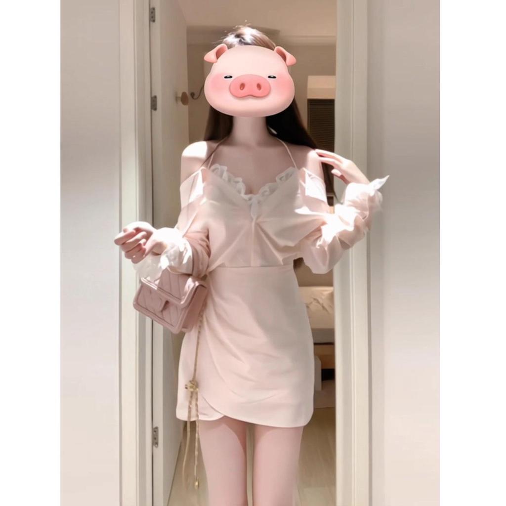 Pink Halter Neck Off-Shoulder Long Sleeve Dress with Lace - Flirty Early Autumn Style
