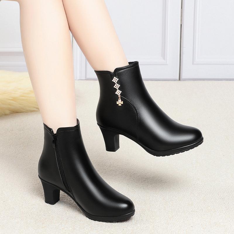 Autumn Winter Women's Leather Boots New Fashion Waterproof Side Zipper High Heels Non-slip Lightweight Warm Cotton Boots