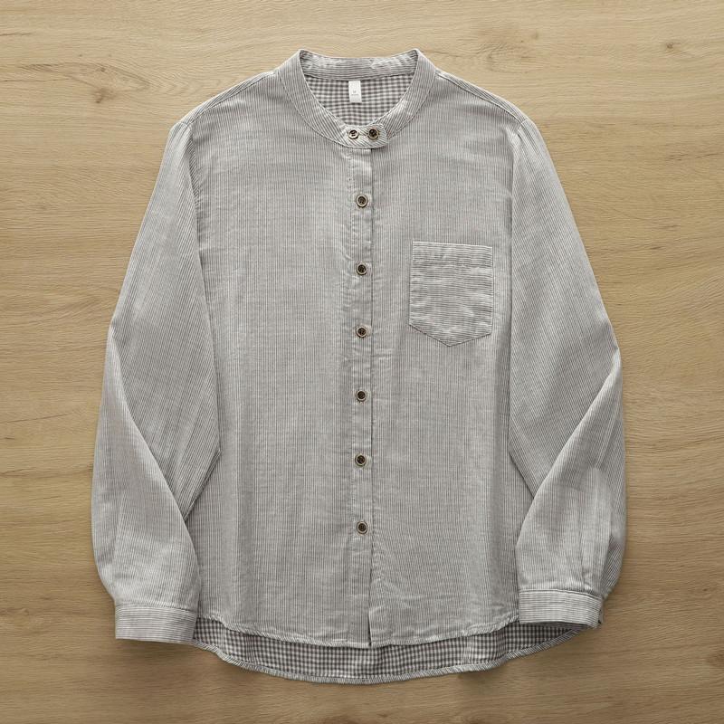 Women Striped Shirts Cotton Yarn Soft Blouses Long Sleeve Stand Collar Office Lady Tops Autumn Female Clothes