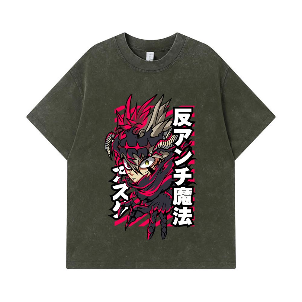 275 GSM Washed T-shirts 100% Cotton Black Clover V5 Asta Demon Print Unisex Heavy Cotton T Shirt S армия зеленый