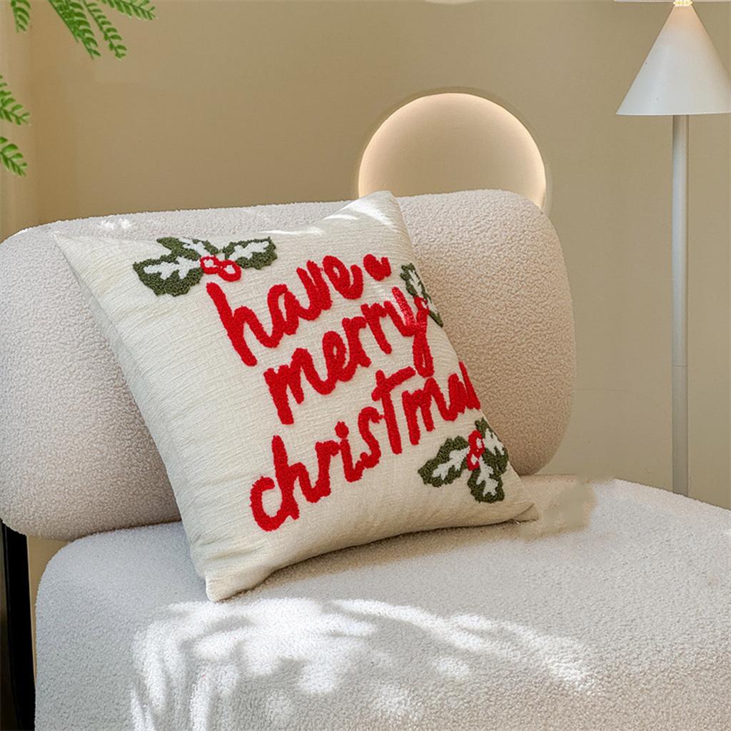 Christmas Embroidered Tufted Throw Pillow Luxe Polyester Decorative Cushion For Sofa Bedroom Holiday Home Decor