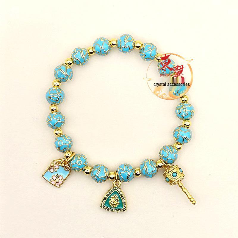 Lake Blue Cloisonné Auspicious Beads Bracelet with Ash Glaze and Gold Foil