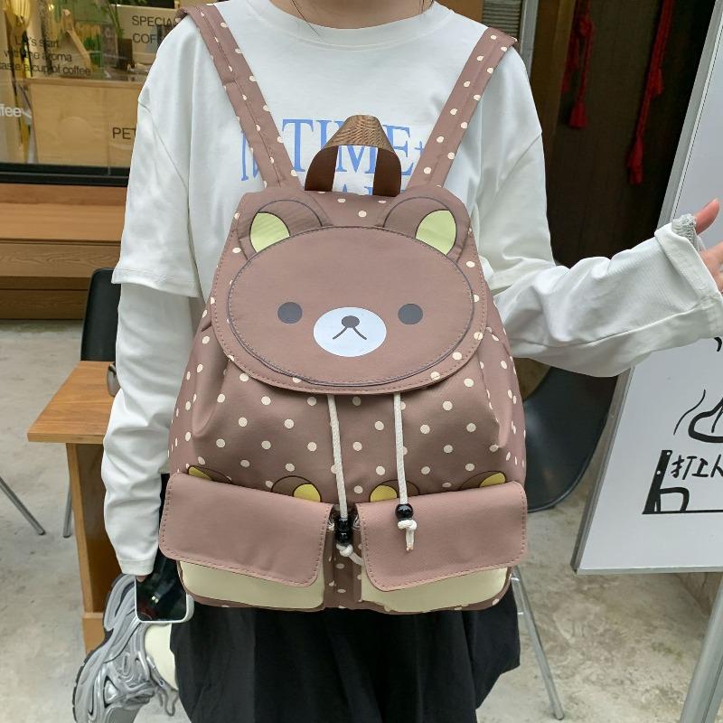 Niedlicher Cartoon Rucksack mit Kordelzug und Klappe, großes Fassungsvermögen, neues braunes Bär Pünktchen Design, Mädchenrucksack