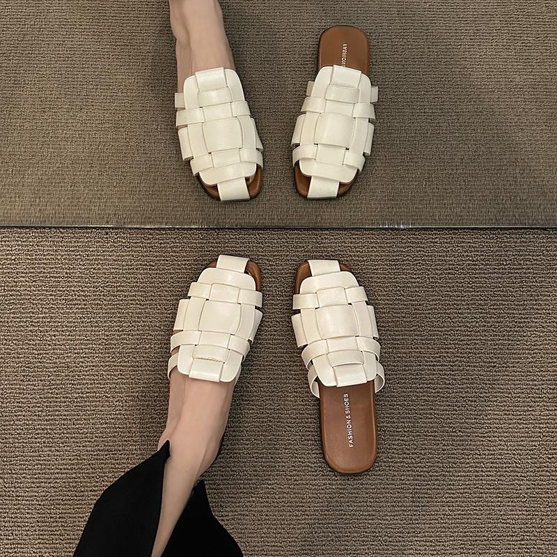 Ushilai Genuine Women's Shoes 2025 Summer New Outer Wear Casual Slippers Bag Head Flat Bottom Non-slip Woven Cool Slippers