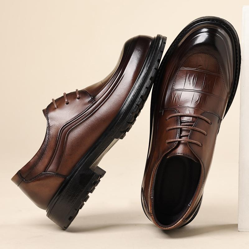Men'S Business Casual Leather Shoes, Genuine Leather Thick-Soled Formal Men'S Shoes, Pure Cowhide Derby Big Head Shoes, Light Luxury