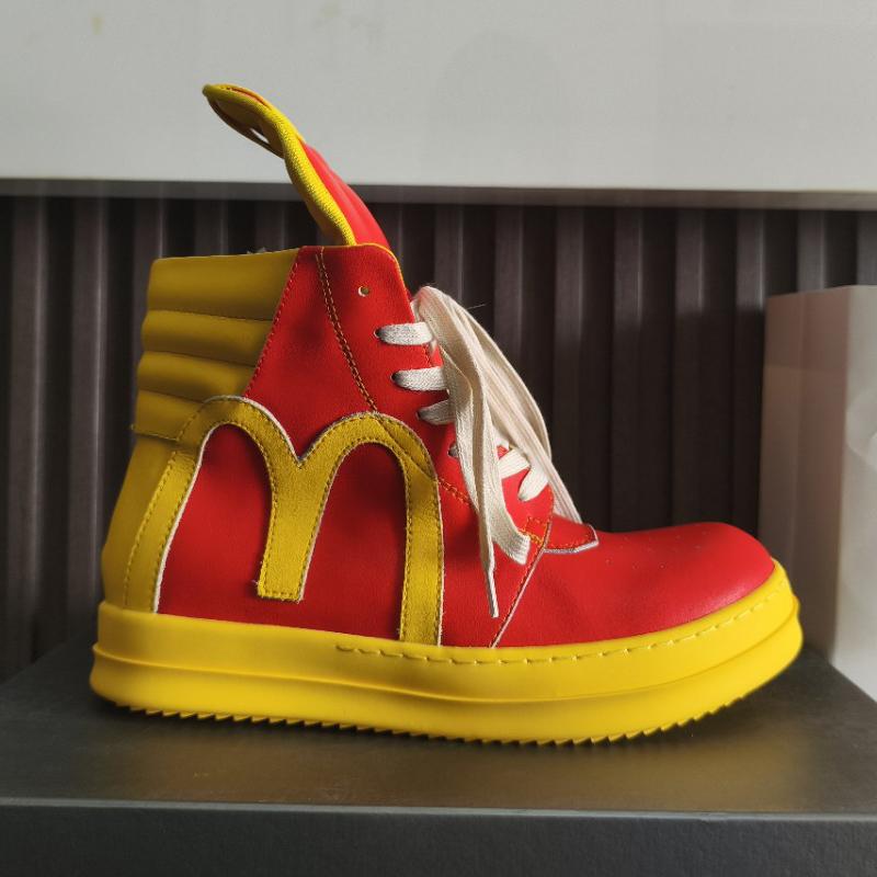 Red and Yellow Color Match Mens High Top Sneakers Shoes Flat Platform Height Increasing Big Size Trendy Fashion Cool Booties