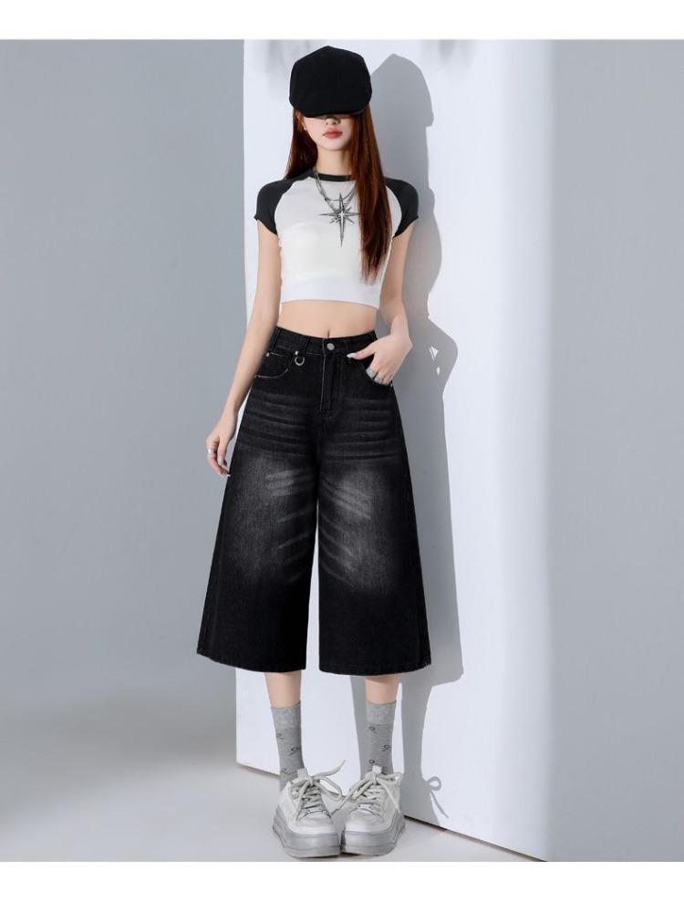 Fashion Summer Vintage High Waist Loose Cropped Capri Pants For Women Versatile High Street Straight Denim Trendy Slimming FigureFlattering Daily Wear