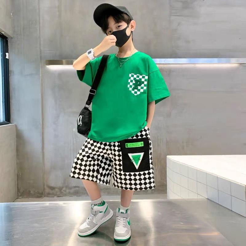

Boys Summer Cotton Alphabet Short-Sleeved t-Shirt Tops+Plaid Shorts School Kids Tracksuit Child Outfit 2PCS Workout Set 160 озеро зелений колір