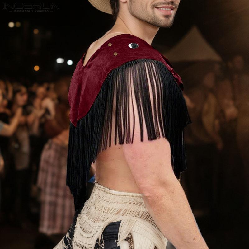 INCERUN Men Low Cut Neck Stitching Tassel Fashion Cropped Cloaks Tops