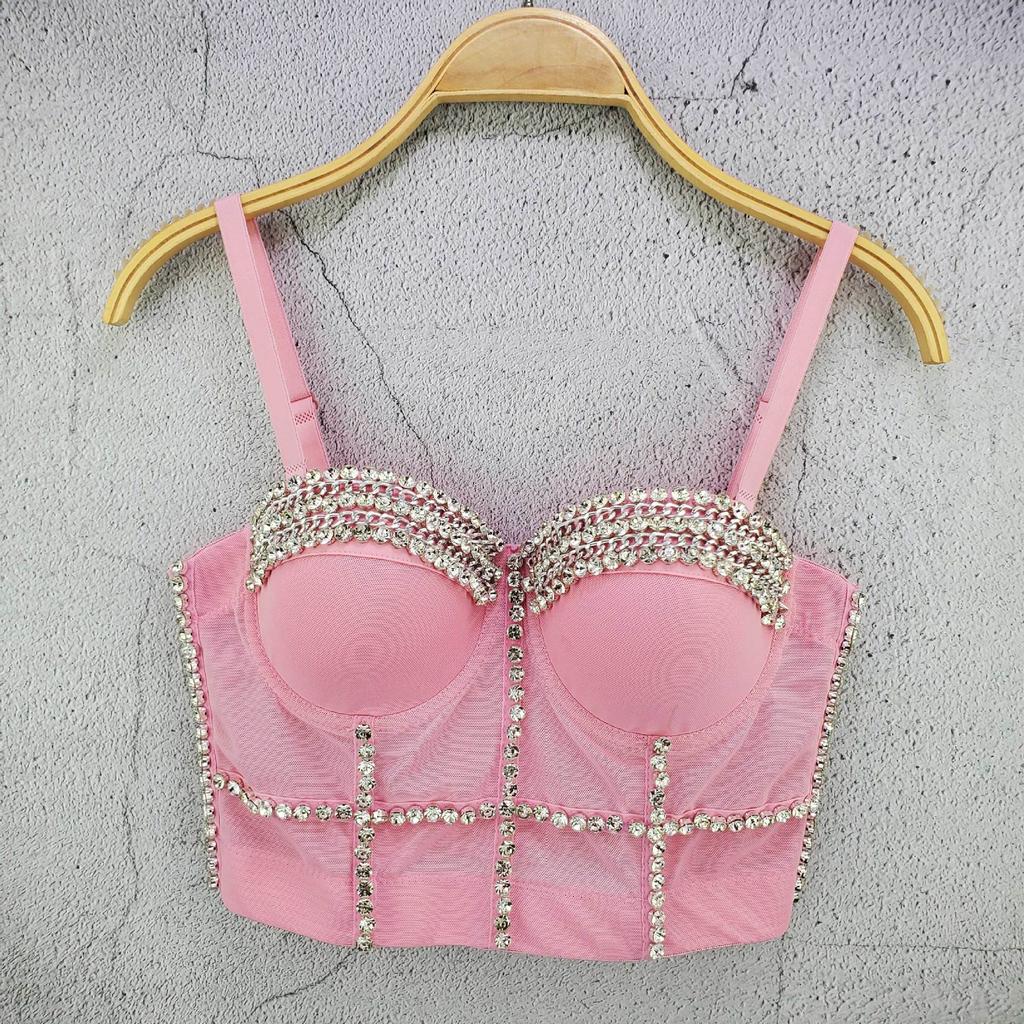 Handmade Crystal-embellished Popular Small Tank Top with A Halter Neckline Street Style Trendy Waist-cinching Bra Top Camis & Tank Tops