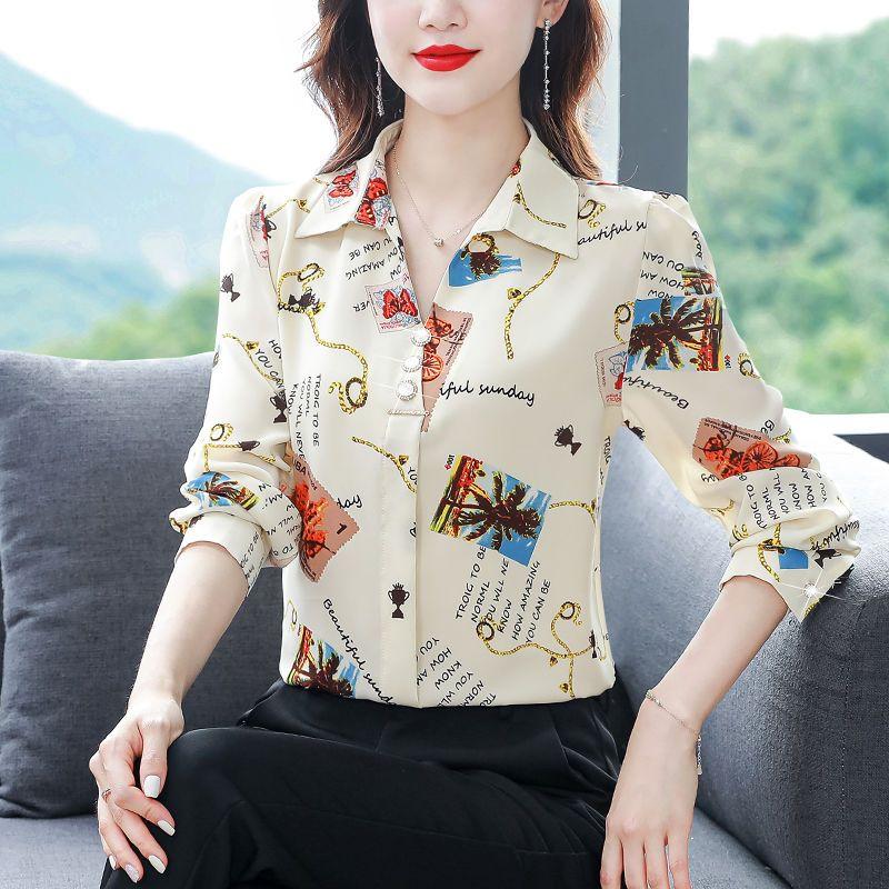 Jarní Elegantní Šifonová Halenka Dámská Dlouhý Rukáv Módní Košile Skrývající Bříško Topy pro Maminku Středního Věku