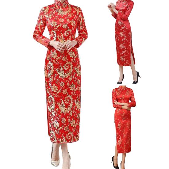 Lady Petticoats Plus Size Women Cheongsam Elegant High Slits Long Cheongsam Classic Chinese Style Women Dress for Weddings Parties