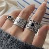 925 Sterling Silver Rings For Women Geometric Fine Jewelry Adjustable Simple Wide Black Stone Retro Ring For Party Birthday Gift