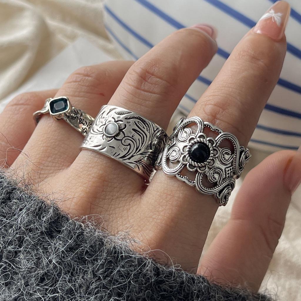 925 Sterling Silver Rings For Women Geometric Fine Jewelry Adjustable Simple Wide Black Stone Retro Ring For Party Birthday Gift