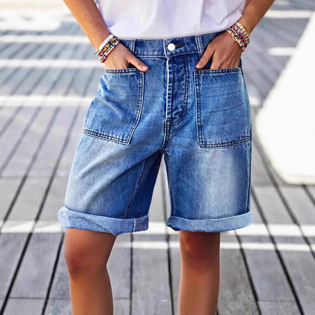 Washed and distressed, cuffed hem, patch pocket, mid-rise, straight-leg women s jeans, stretch women s denim shorts S джинсовый синий
