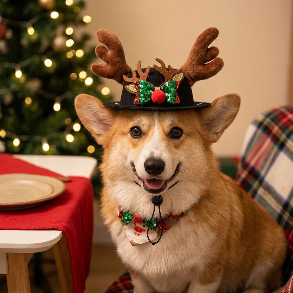 Adjustable Dog Reindeer Antler Cap Soft Plush Dog Xmas Bow Top Hat Xmas Gift