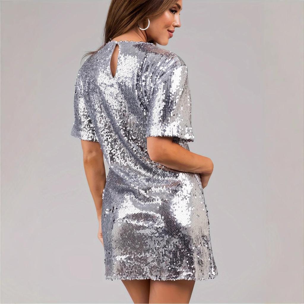 Short Sleeve Sequins Banquet Large Size Evening Dress Temperament Dress Elegant Celebrity