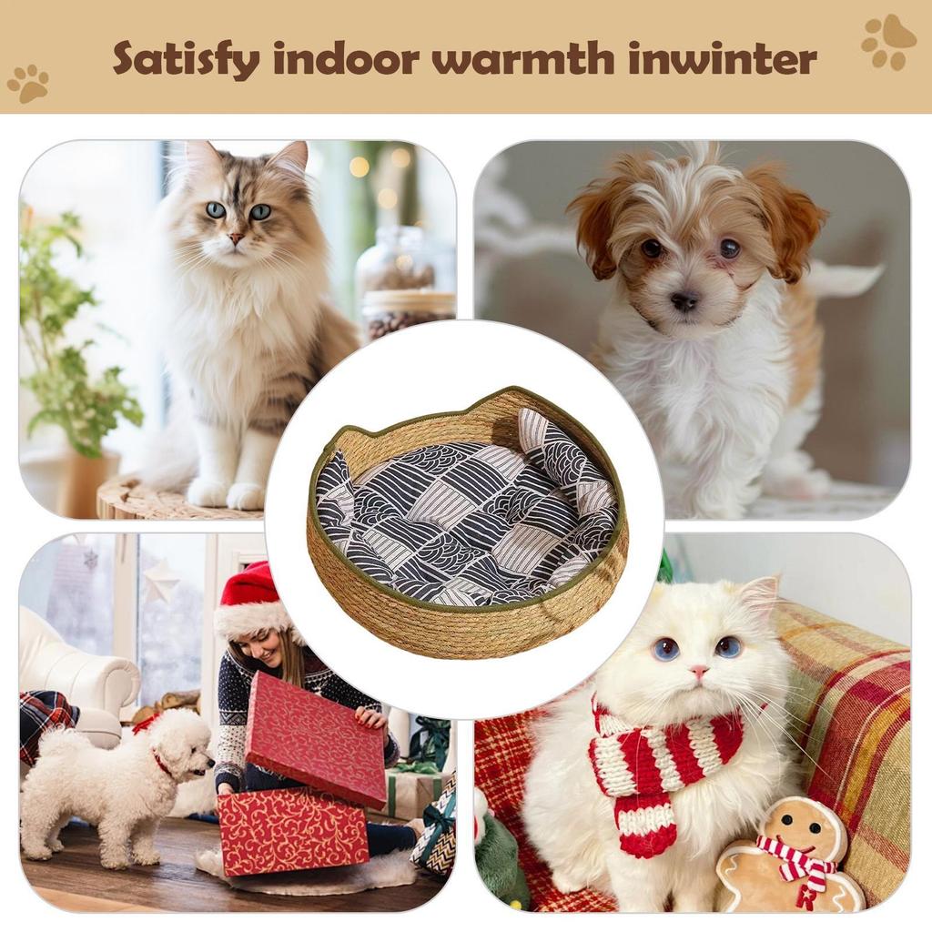 Cat Basket Bed Woven Washable Pet Supplies With Cushion And Pillow Cat Desk Bed For Indoor Outdoor Winter Travel Car Camping