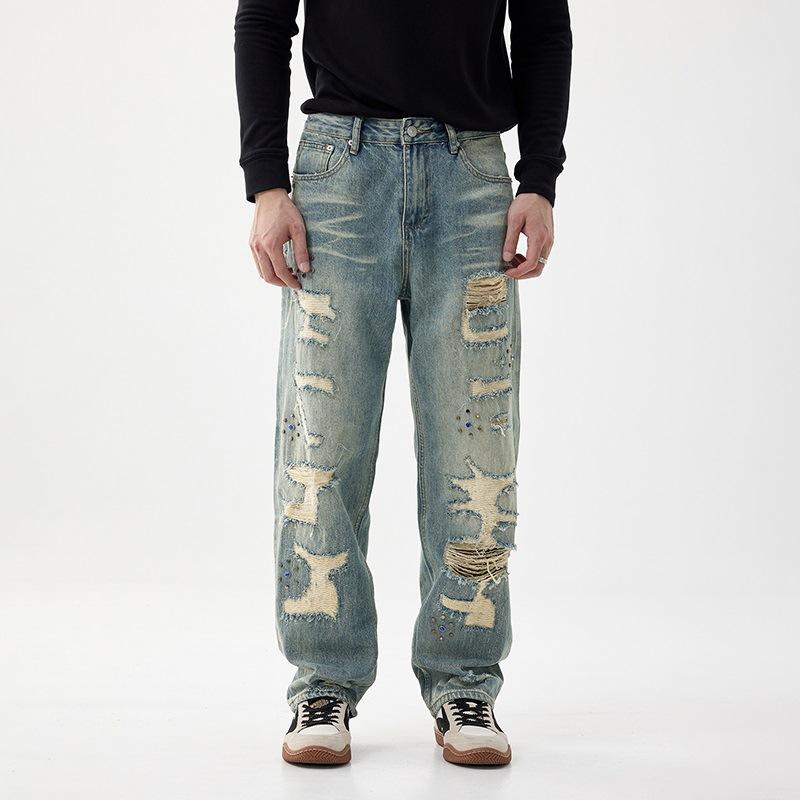 

Джинсы Design Sense Мужские Неглубокие Рваные Заплатки Лоскутные Свободные Прямые Брюки 38