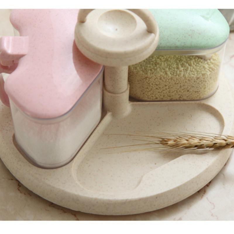 New Wheat Straw Rotating Seasoning Jar Three-in-one Combination Set Kitchen Supplies Salt Storage Bottle