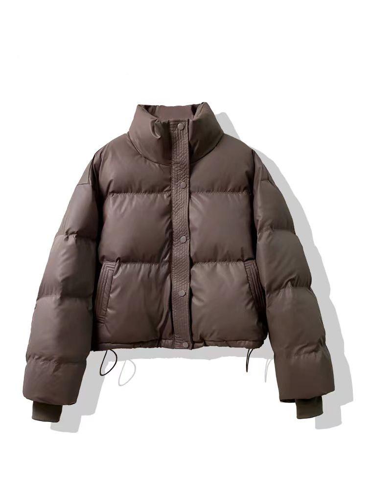 

Wash-free New PU Leather Cotton Jacket for Women Short Style New Loose Thickened Pu Jacket for Small Size XL темно-коричневого кольору