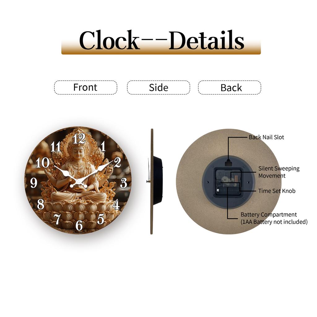 Golden Buddha Statue Vintage Wall Clock, Spiritual Themed Round Clock with White Numbers, Quiet Wall Clock for Meditation Room D