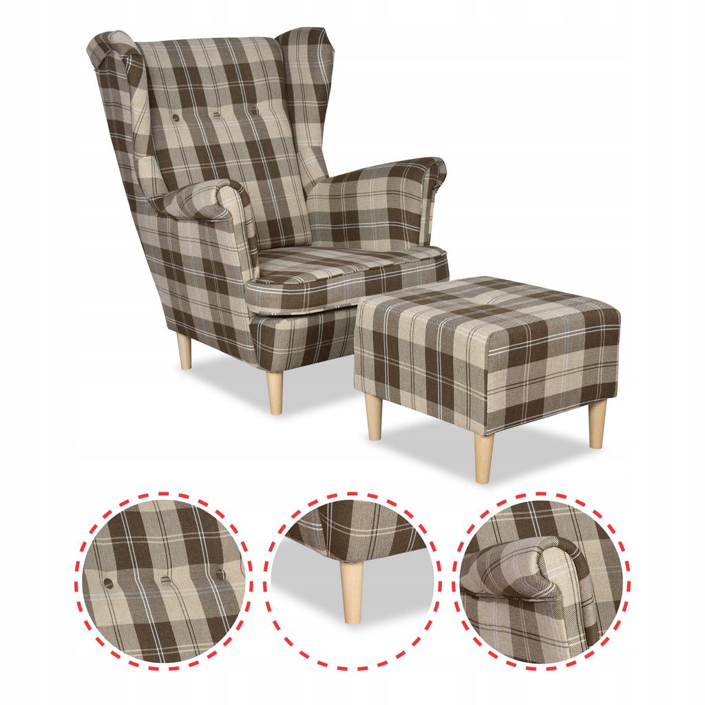 Fotel uszak Winston z podnóżkiem pufą Family Meble krata brązowo - beżowa