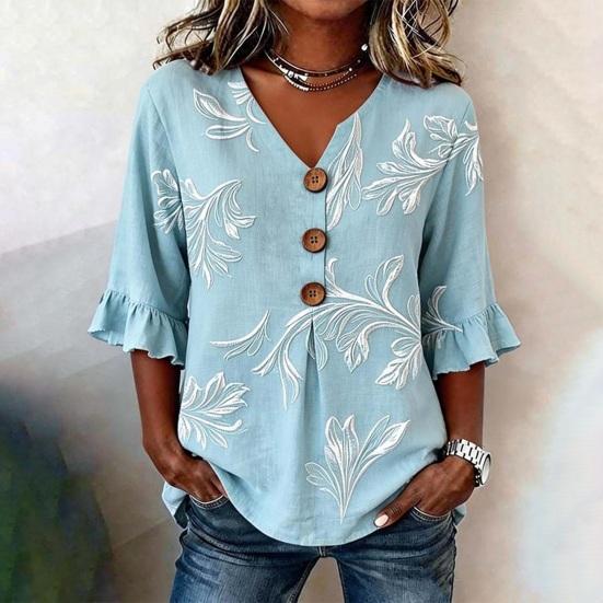 Women T-shirt Regular Fit V-Neck Half Sleeve Summer Tee 3D Digital Flower Print Pullover Tops Daily Wear
