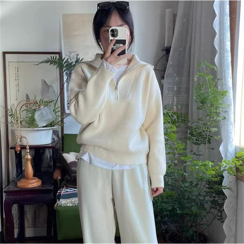 Autumn and Winter New Solid Color Top Lapel Half Zipper Simple Temperament Casual Pullover Knitted Sweater Women's Clothing