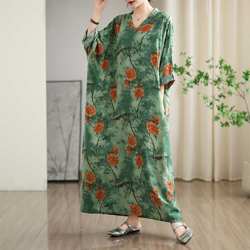 

Реальное фото Ранняя осень Новый цвет Отпускной стиль Путешествия V-образный вырез Ретро Длинное платье Скрывающее фигуру Хлопково-льняное платье One Size