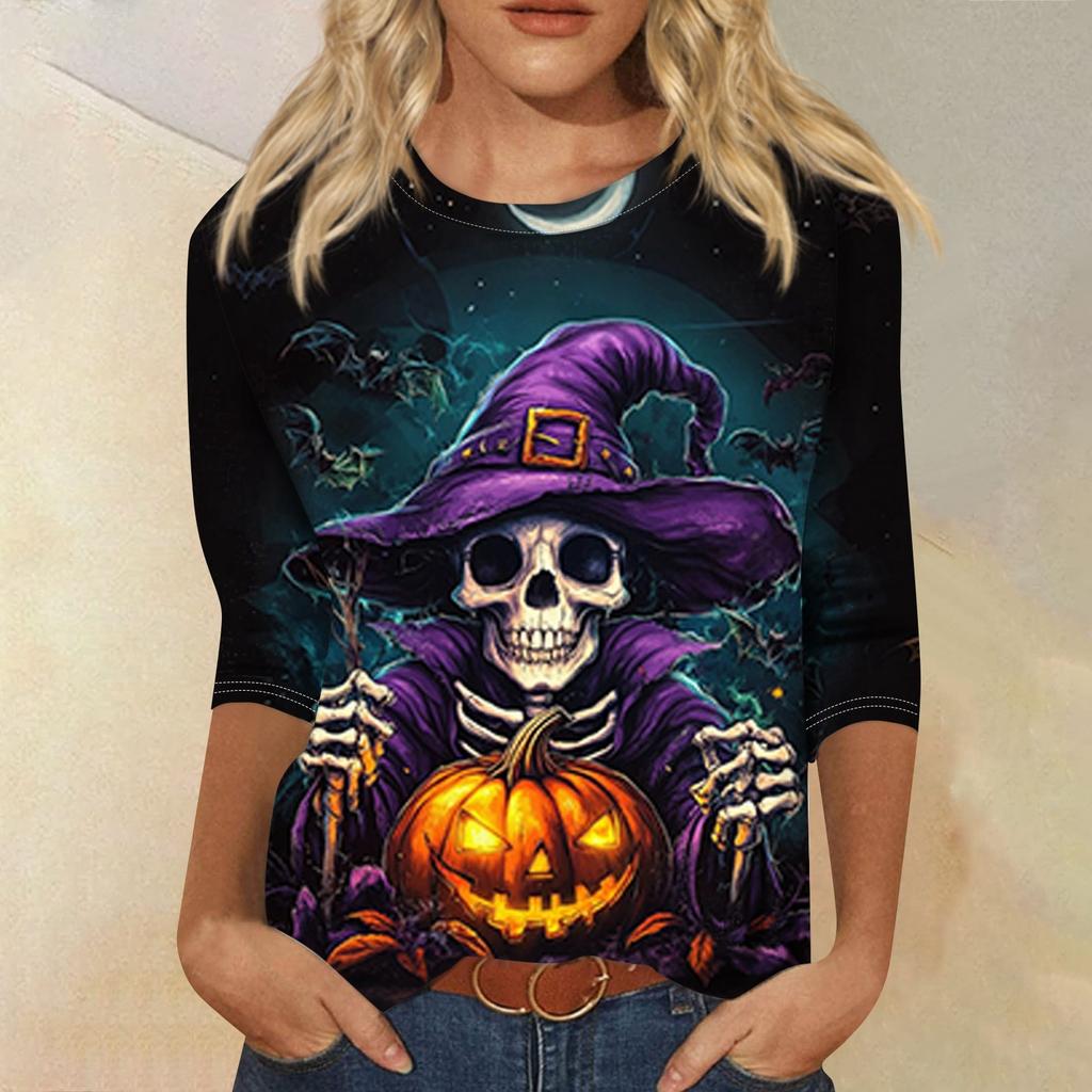 Women's Fashion Casual Three-quarter Sleeve Halloween Printed Round Neck Top