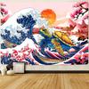 Japanese Wave and Mount Fuji Wall Tapestry Red Sun and Traditional Temple Design Boho Home Decor Art Print Room Decoration