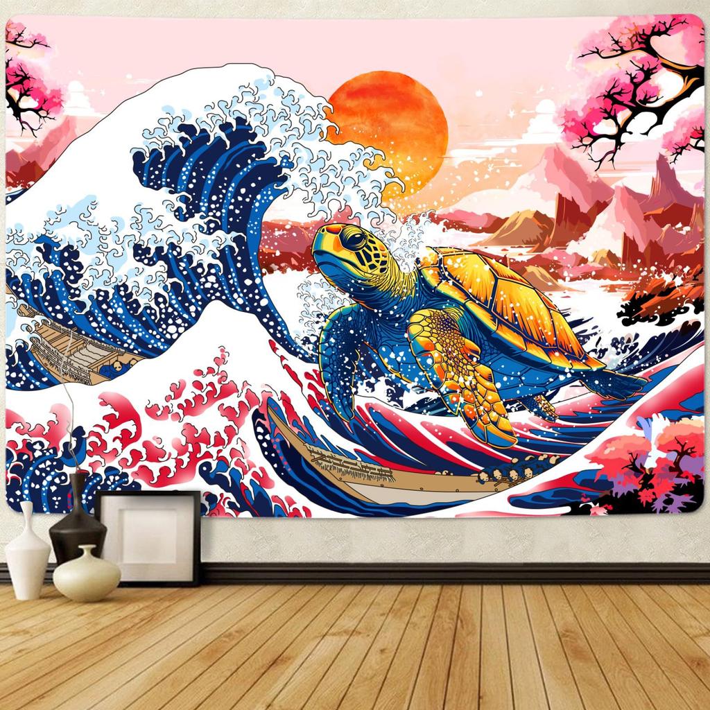 Japanese Wave and Mount Fuji Wall Tapestry Red Sun and Traditional Temple Design Boho Home Decor Art Print Room Decoration