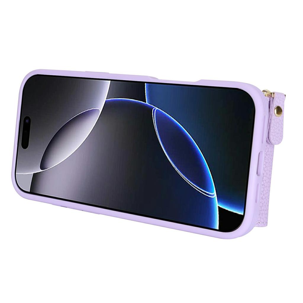 For iPhone 16 Pro Max Case with Zipper Pouch/Ring Kickstand/Strap Litchi Texture PU + TPU Phone Cover