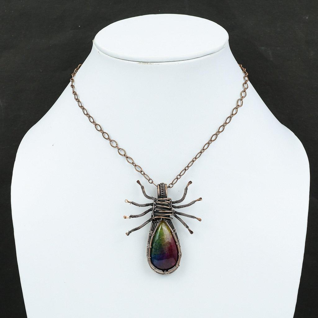 Regenbogen Solarquarz Druzy Anhänger Kupferdraht umwickelter Anhänger Handgefertigter Kupferschmuck Spinnenanhänger Zum Verschenken Edelsteinanhänger Für Sie