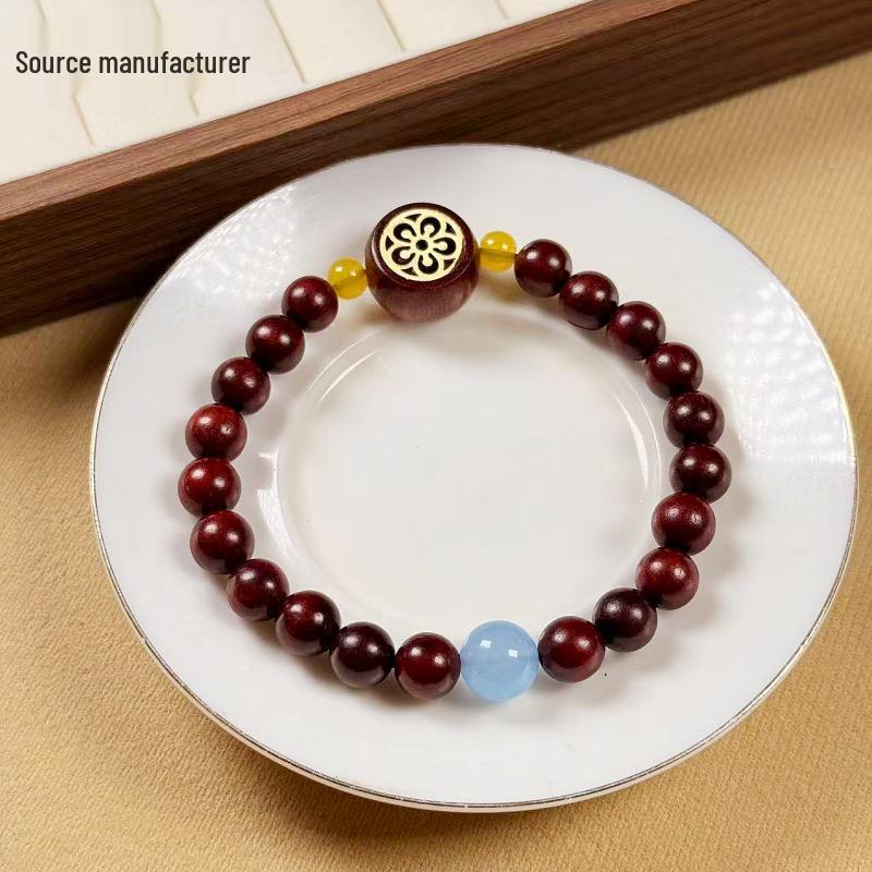 Red Sandalwood & Boxwood Openwork Plum Blossom Bracelet, Retro Chinese Style for Men & Women.