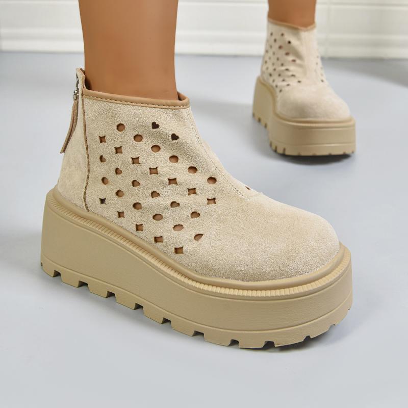Fashion Chunky Platform Thick Bottom Ankle Boots Women 2025 Khaki Suede Back Zippers Hollow Out Summer Boots Fashion Plus Size Shoes