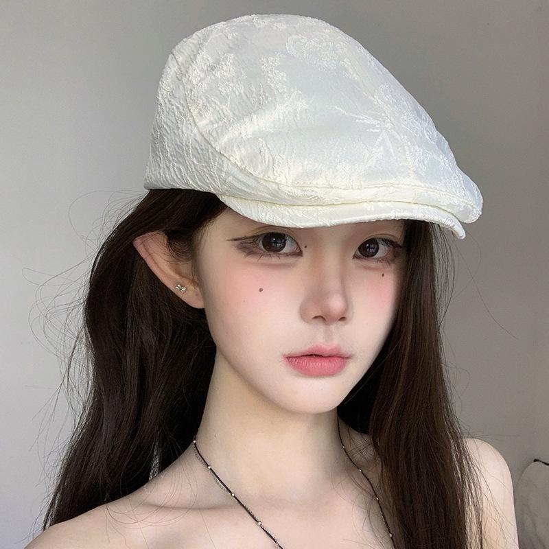National style jacquard forward hat women's big head circumference French elegant bud hat showing face small fashion duck tongue painter hat
