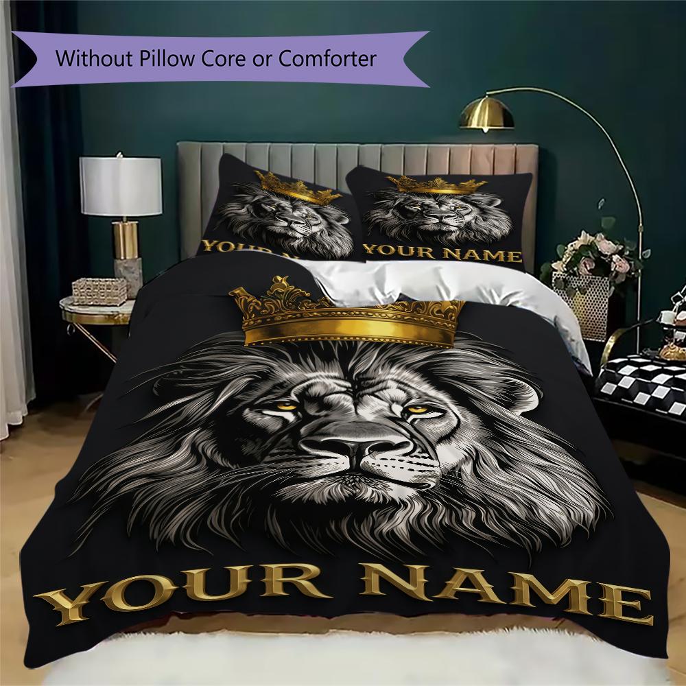 Custom Name Royal Lion Majesty Bedding,Quilt Set Quilt Cover Pillowcase Home Birthday Gift(1 * Duvet Cover + 2 * Pillowcase, Without Core)_lx