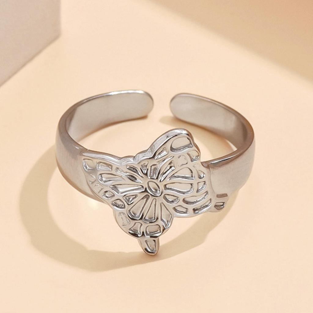 Adjustable Gold-Plated Stainless Steel Butterfly Ring for Women - Non-Fading Finish