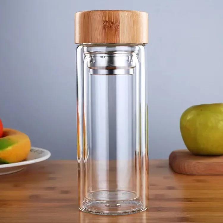Stainless Steel Double Wall Glass Water Bottle Filters Bamboo Lid Travel Home Tea Infuser Office Thicken Teacup 300/400/500ML