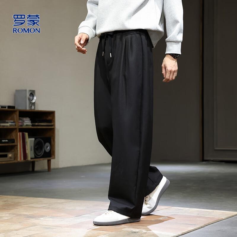 Romens Men's Loose Double Pleated Wide-Leg Casual Pants